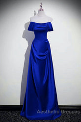 Royal Blue Satin A-Line Simple Long Party Dresses, Royal Blue Satin Floor Length Evening Prom Dresses